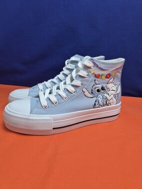 Disney White Canvas High-Top Sneakers Lilo And Stitch with Light Blue Accent